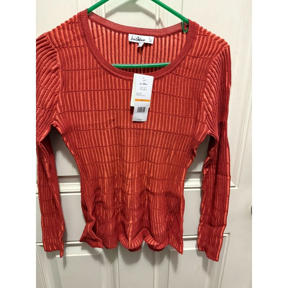 Sam Edelman Gia Crew Neck Peplum Top In Tandoori Spice (Small) Ribbed Long Sleev